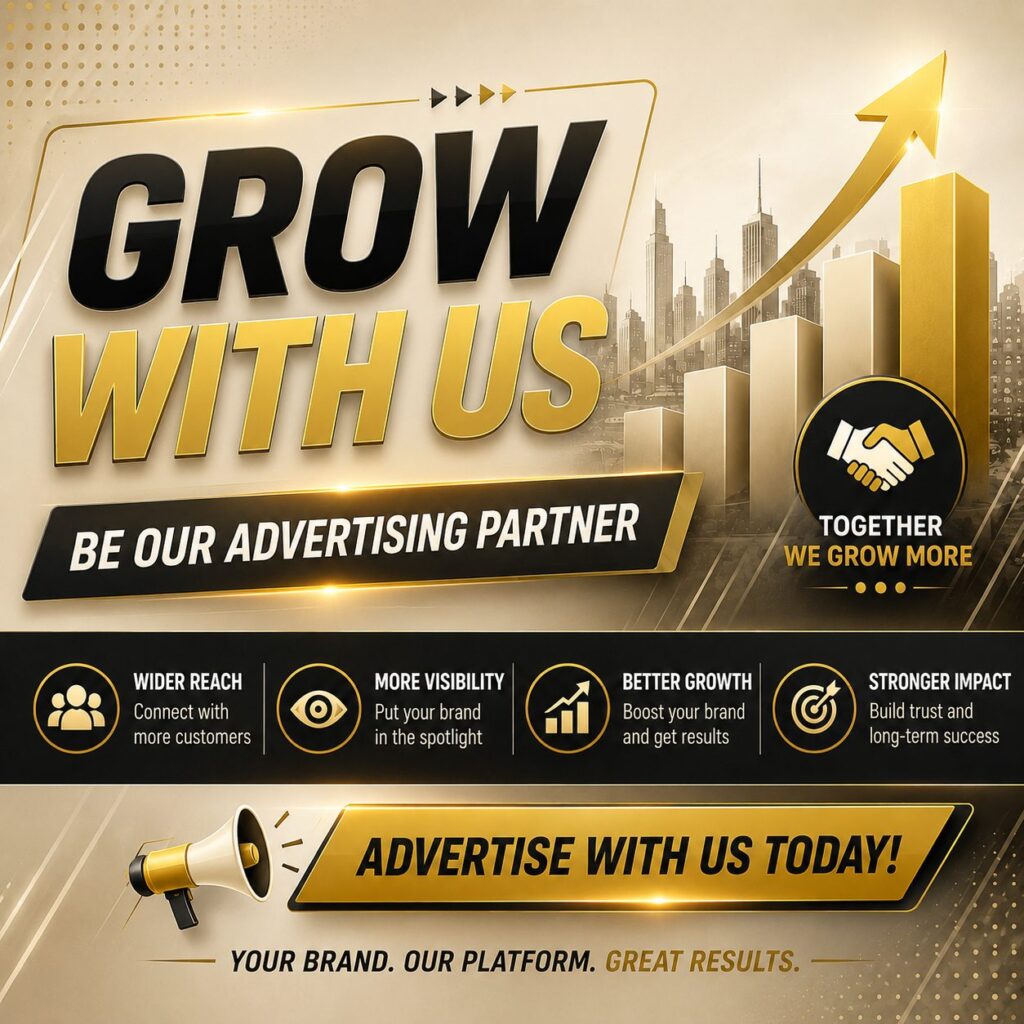 A professional promotional poster with a premium gold and black design featuring a rising bar graph over a city skyline backdrop, alongside the bold headline "GROW WITH US BE OUR ADVERTISING PARTNER".