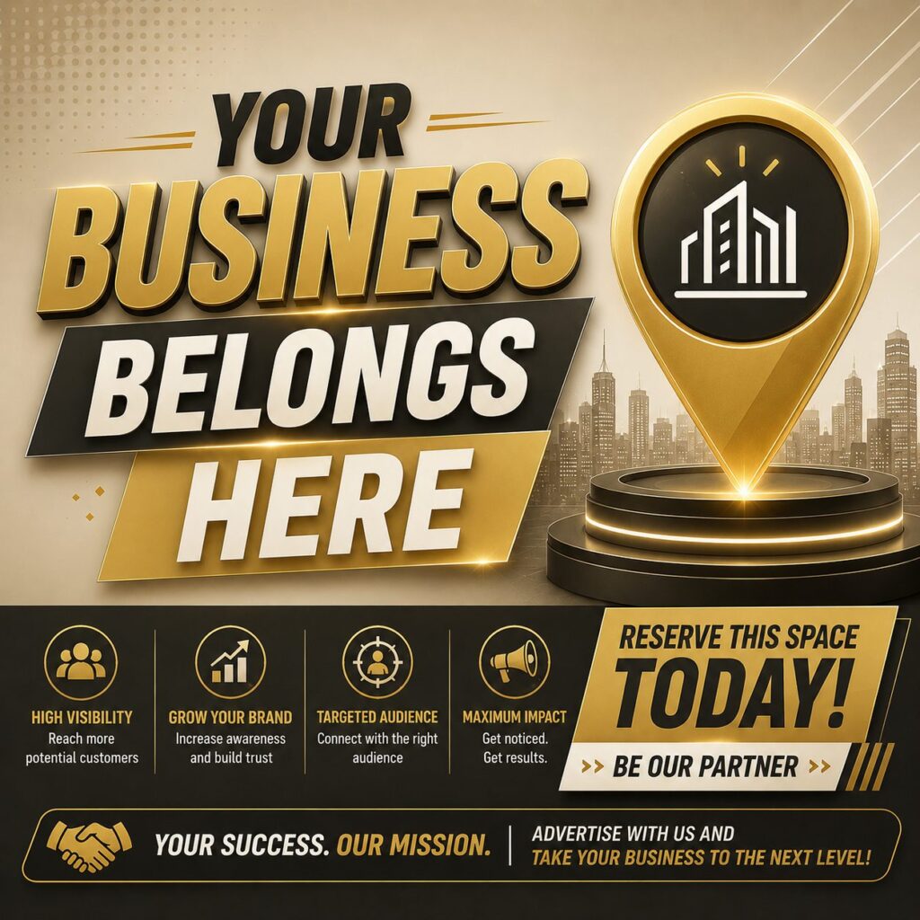 A sleek business promotional poster with a premium gold and black design featuring a large glowing gold map pin icon containing a building graphic, alongside the bold headline "YOUR BUSINESS BELONGS HERE".
