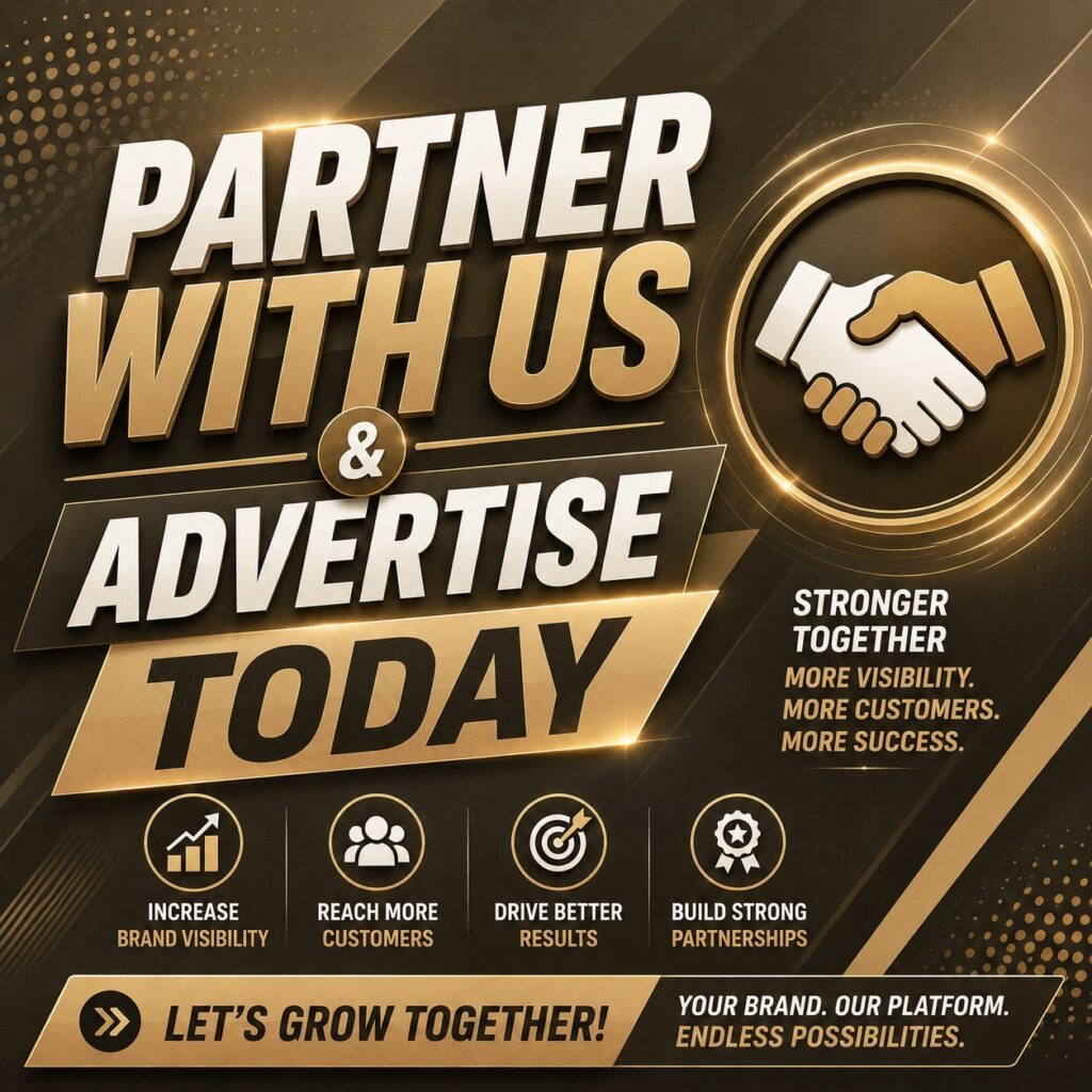 A sleek business promotional poster with a premium gold and black design featuring a glowing handshake graphic icon next to the headline "PARTNER WITH US & ADVERTISE TODAY,".