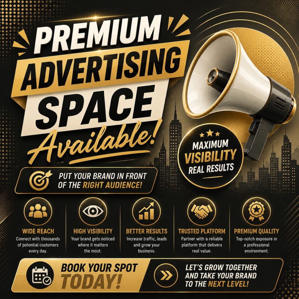 A premium promotional poster with a bold gold and black design featuring a large white and gold megaphone over a city silhouette backdrop, alongside the headline "PREMIUM ADVERTISING SPACE Available!".