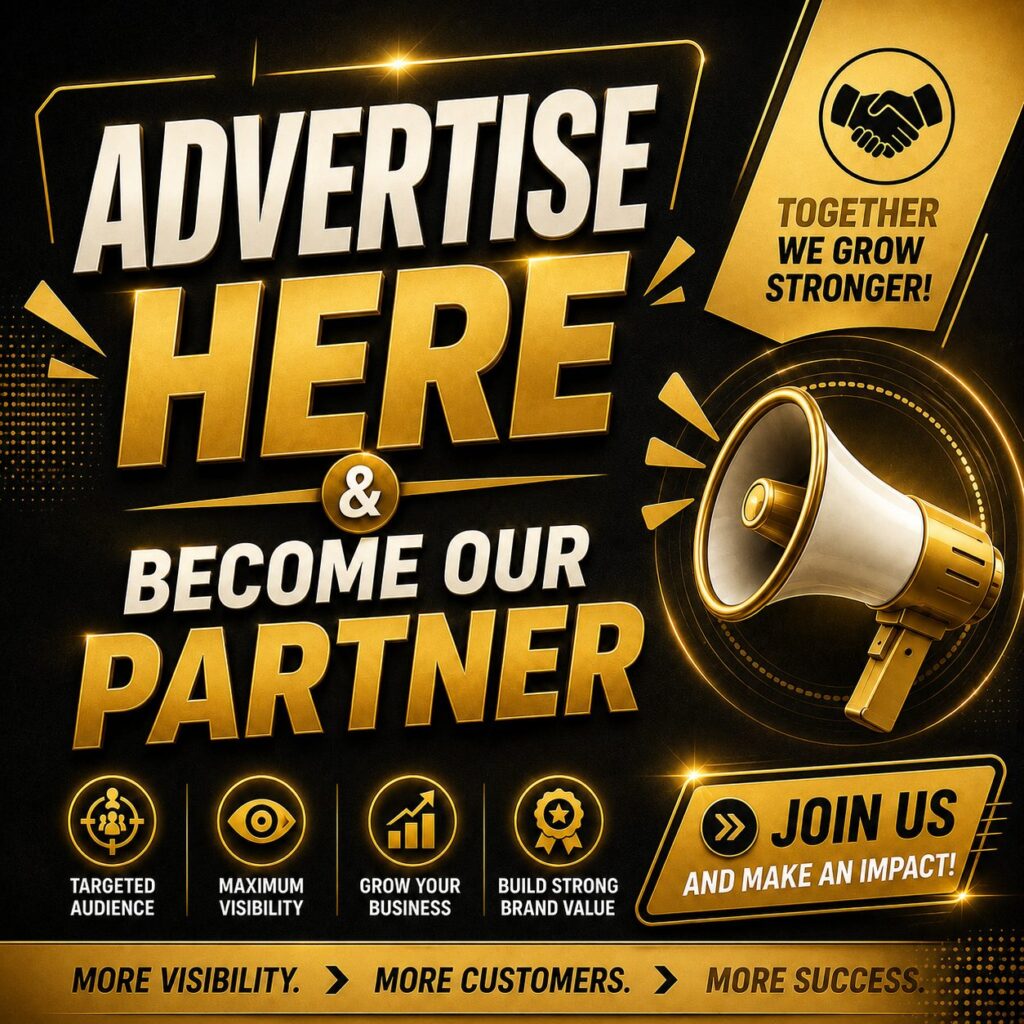 A premium promotional poster with a bold black and gold design featuring a white and gold megaphone alongside the headline "ADVERTISE HERE & BECOME OUR PARTNER,".