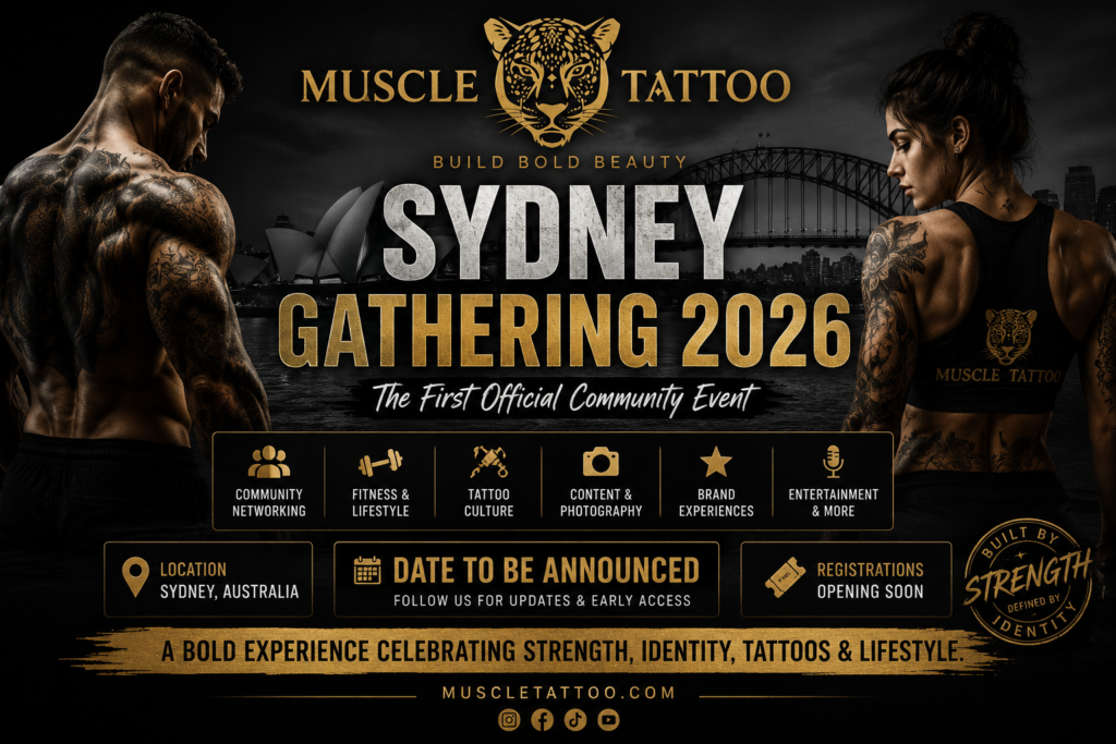 An event promotional poster with a premium black and gold design featuring heavily tattooed fitness models flanking the headline "SYDNEY GATHERING 2026,".