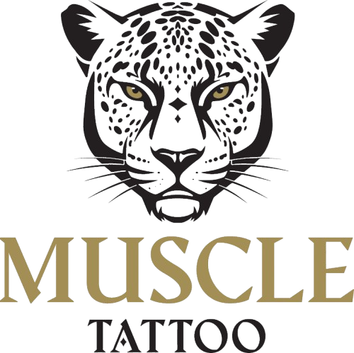 A brand logo featuring a stylised black and white leopard head illustration with gold eyes, set above the bold gold text "MUSCLE" and smaller black text "TATTOO".