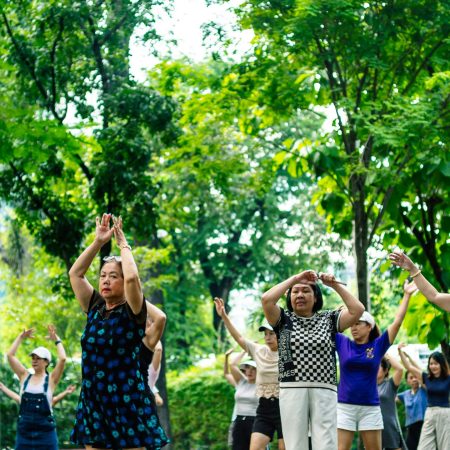 A large group of elderly women practicing tai chi or aerobics together in a lush, tree-filled public park.